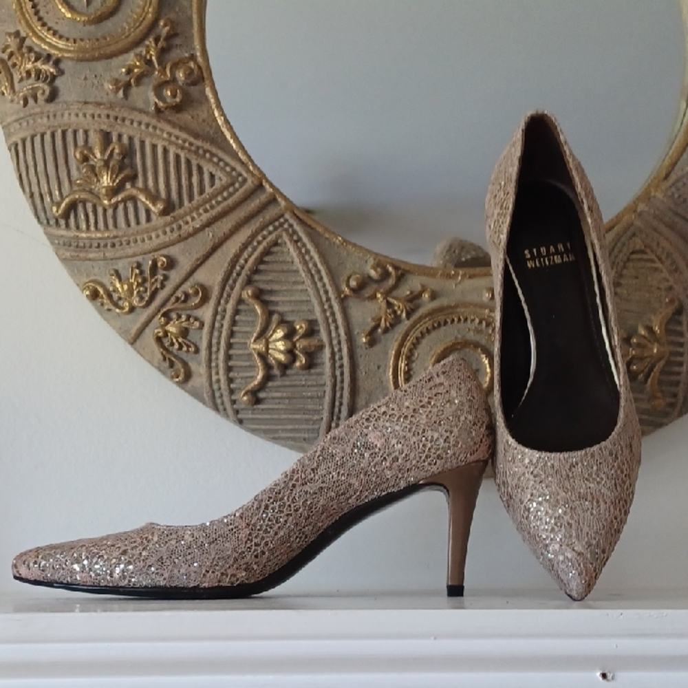 Stuart Weitzman Glitter Under Lace Pointed Heels